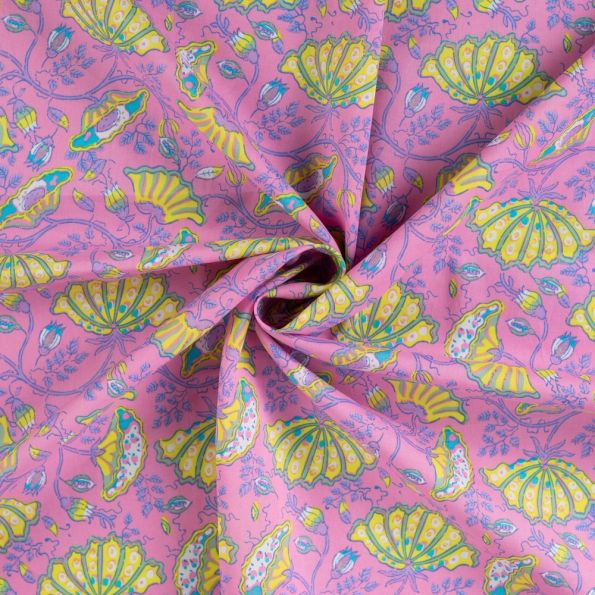 Tissu Voile de Coton Anjali Eventails Floraux Vert anis sur fond Rose - Par 10 cm