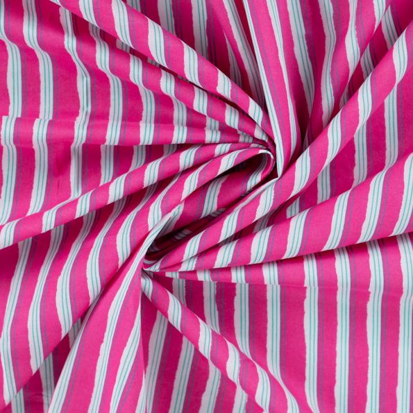 Tissu Voile de Coton Rayures Aquarelle Fuchsia sur fond Blanc - Par 10 cm