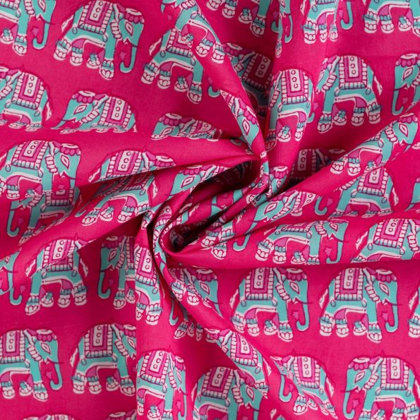 Tissu Voile de Coton Eléphant turquoise sur fond Rose fuchsia - Par 10 cm