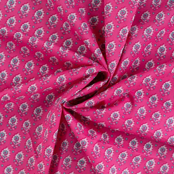 Tissu Voile de Coton Floral Stylisé sur fond Rose fuchsia - Par 10 cm