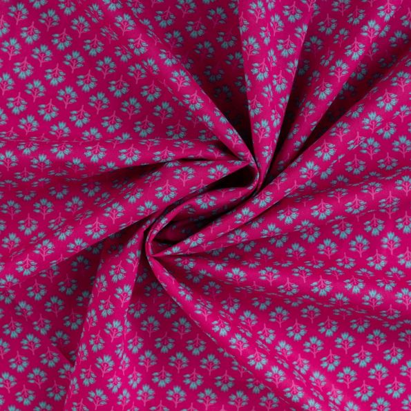 Tissu Voile de Coton Buti Turquoise sur fond Magenta fuschia - Par 10 cm