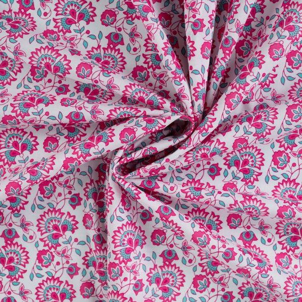 Tissu Voile de Coton Fleurs fuschia et turquoise sur fond Blanc - Par 10 cm