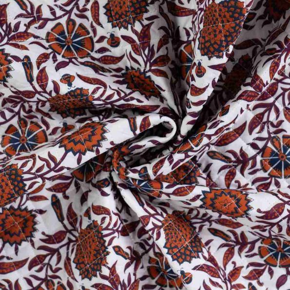 Tissu Coton Matelassé réversible Joy fleurs Rouge sur fond Blanc cassé - Par 10 cm