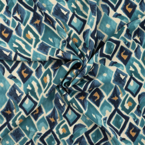 Tissu Viscose satiné Carreaux retro sur fond Bleu - Par 10 cm