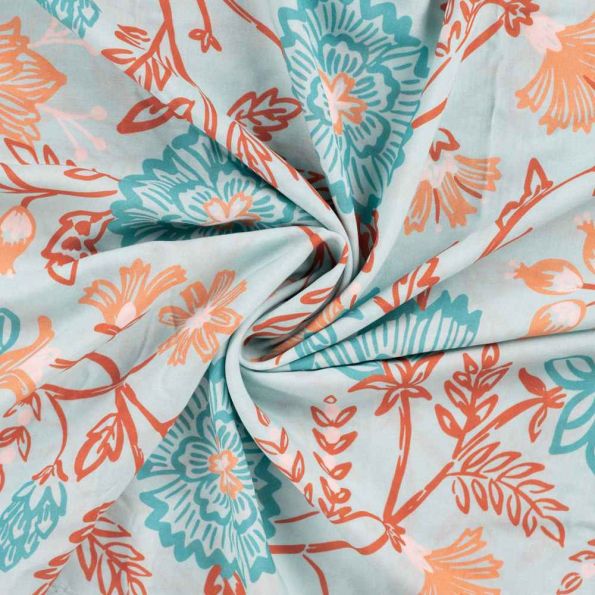 Tissu voile Ibiza Fleuris sur fond Vert menthe clair - Par 10 cm