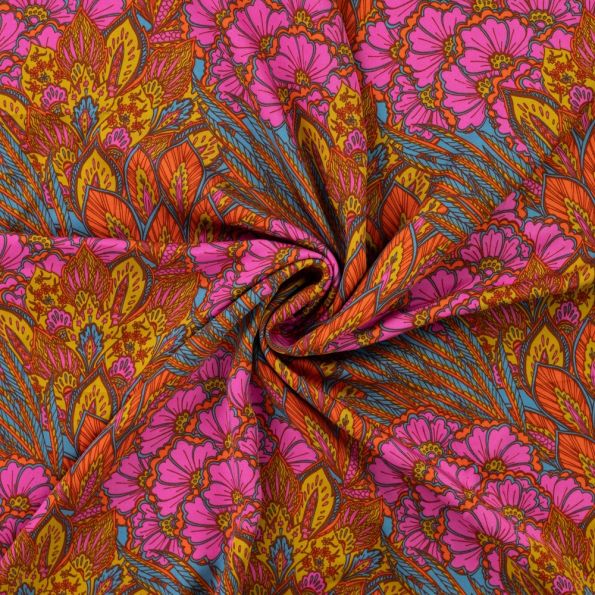 Tissu Viscose imprimé Végétal luxuriant sur fond Bleu - Par 10 cm