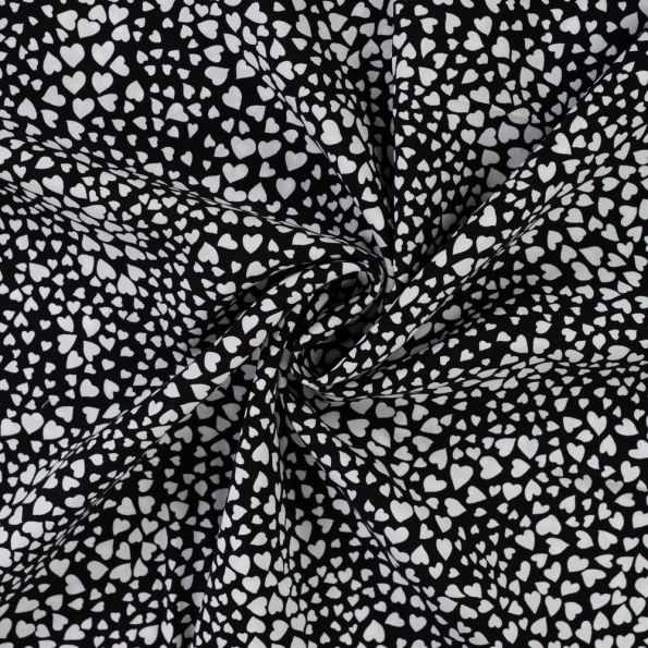 Tissu Viscose imprimé Petits coeurs blancs sur fond Noir - Par 10 cm