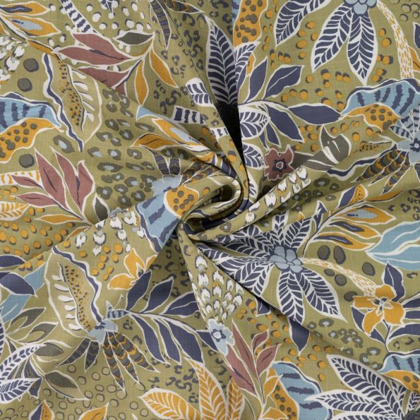 Tissu Viscose extensible Floral exotique sur fond Vert olive - Par 10 cm
