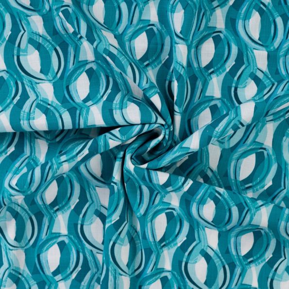 Tissu Viscose extensible Maillons stylisés sur fond Bleu lagon - Par 10 cm