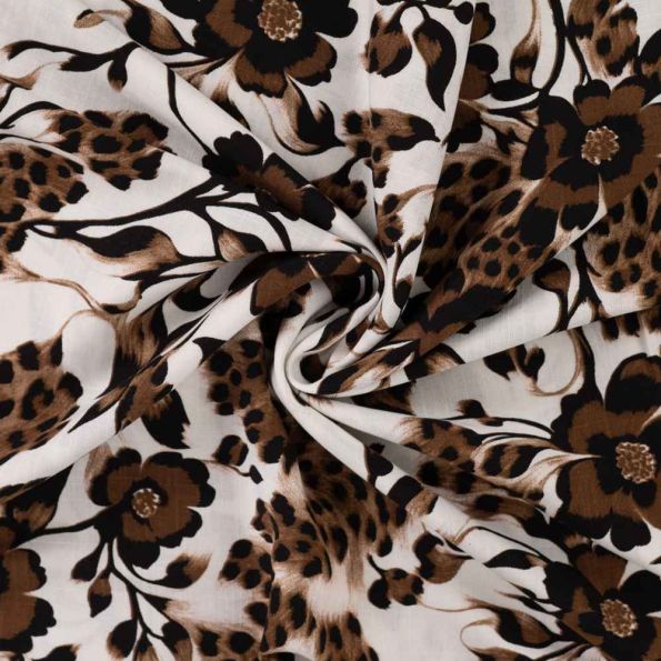Tissu Rayonne Viscose extensible Lili floral sauvage Marron sur fond Blanc cassé - Par 10 cm