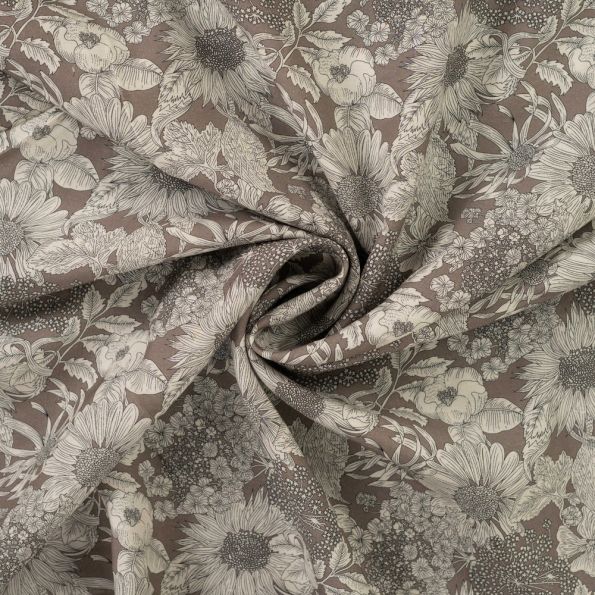 Tissu Tencel Camille Jardin sauvage sur fond Taupe - Par 10 cm