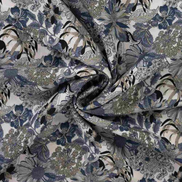 Tissu Tencel Lin Lana fleurs vintage tons Bleu sur fond Blanc cassé - Par 10 cm