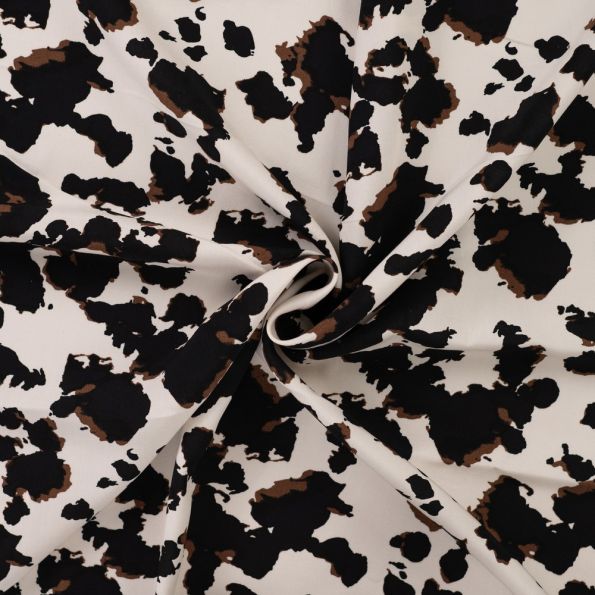 Tissu Viscose imprimé Taches noires et chocolats sur fond Ecru - Par 10 cm