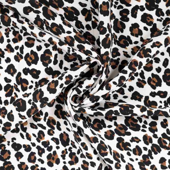 Tissu Viscose  Lyana motif léopard Marron sur fond Blanc - Par 10 cm