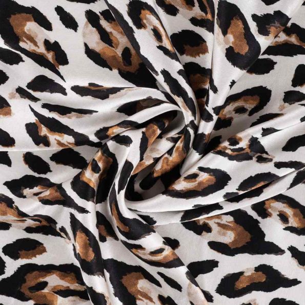 Tissu Viscose Paloma touché Satin léopard style aquarelle Marron sur fond Blanc - Par 10 cm
