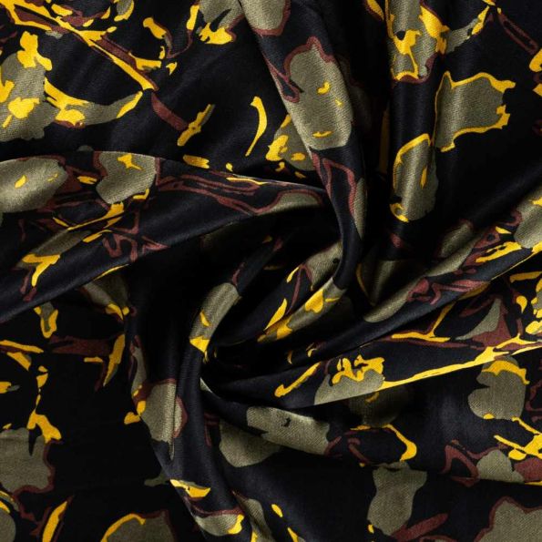 Tissu Viscose Dahlia touché satin fleurs abstraites Vert kaki et Jaunes sur fond Noir - Par 10 cm