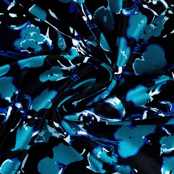 Tissu Viscose Dahlia touché satin fleurs abstraites Bleu roi et turquoise sur fond Noir - Par 10 cm