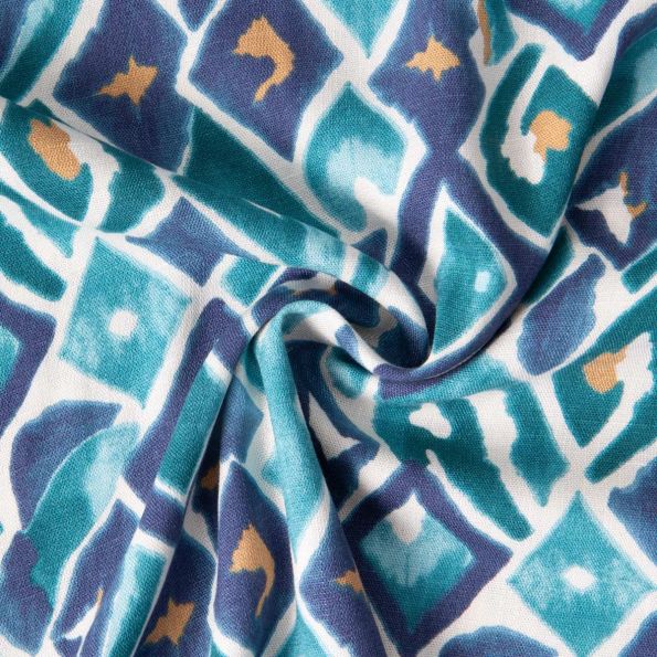 Tissu Viscose Eléana stretch motif géométrique Bleu sur fond Blanc - Par 10 cm