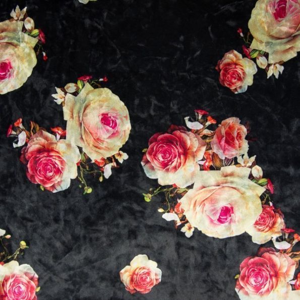 Tissu Velours jersey Pivoines roses et blanches sur fond Noir - Par 10 cm