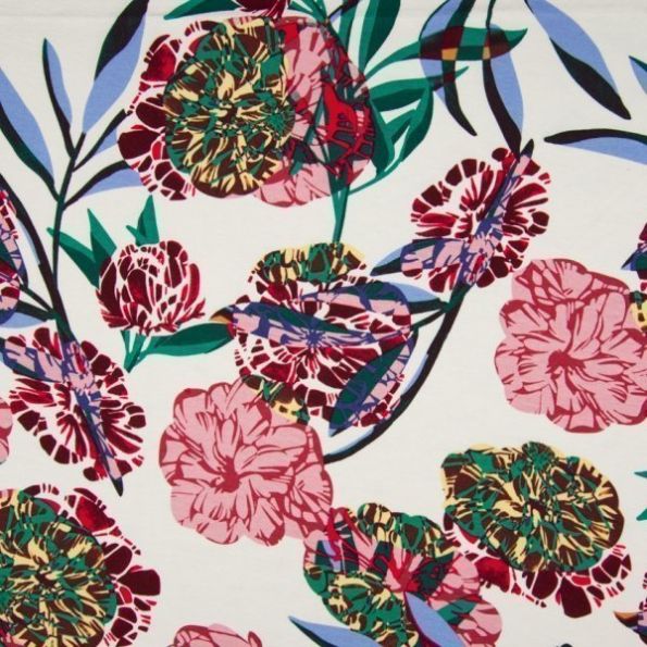 Tissu Jersey Viscose Fleurs stylisées roses, vertes et bleues sur fond Ecru - Par 10 cm