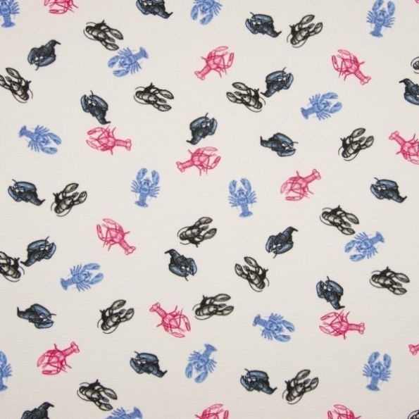 Tissu Crêpe imprimée Homards bleus, noirs et roses sur fond Blanc - Par 10 cm