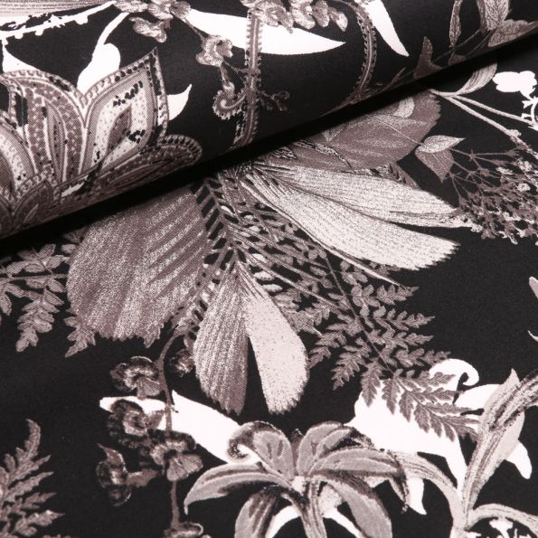 Tissu Coton satiné extensible Fleurs de vanille sur fond Noir - Par 10 cm