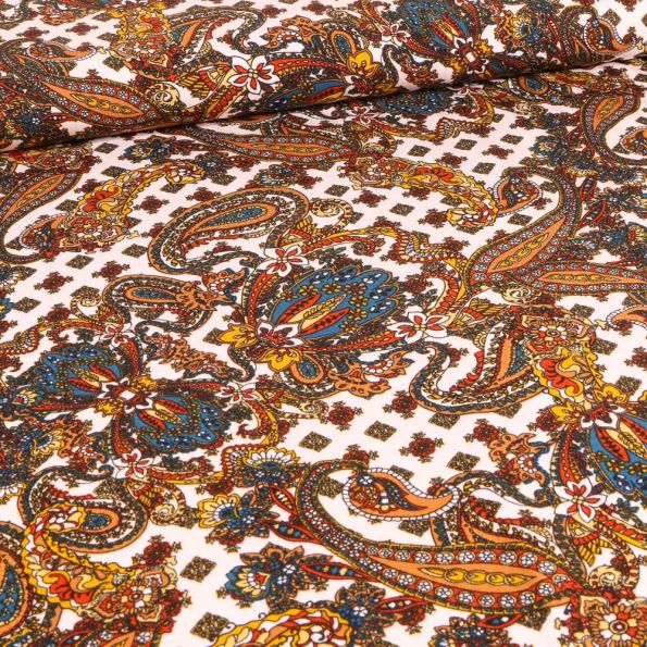 Tissu Jersey Viscose Paisley motif Cachemire sur fond Blanc - Par 10 cm