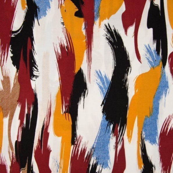 Tissu Viscose imprimé abstrait jaune, noir et rouille sur fond Blanc - Par 10 cm