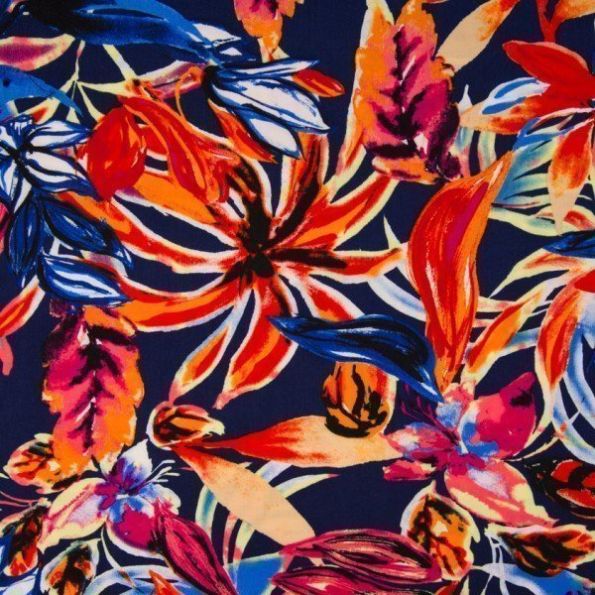 Tissu Viscose Grandes fleurs estivales sur fond Bleu marine - Par 10 cm