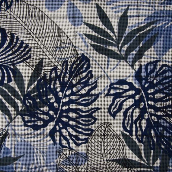 Tissu Viscose imprimé pied de poule Feuilles exotiques sur fond Blanc - Par 10 cm