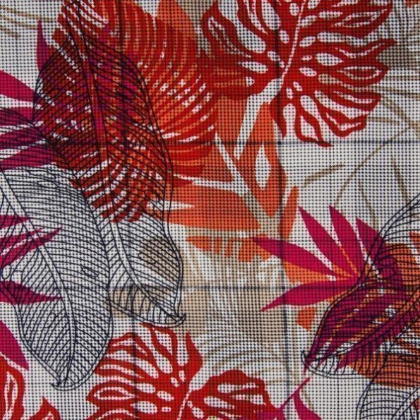 Tissu Viscose imprimé pied de poule Feuilles exotiques sur fond Blanc - Par 10 cm