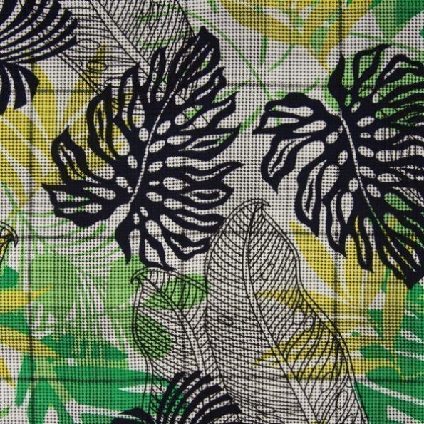 Tissu Viscose imprimé pied de poule Feuilles exotiques sur fond Blanc - Par 10 cm