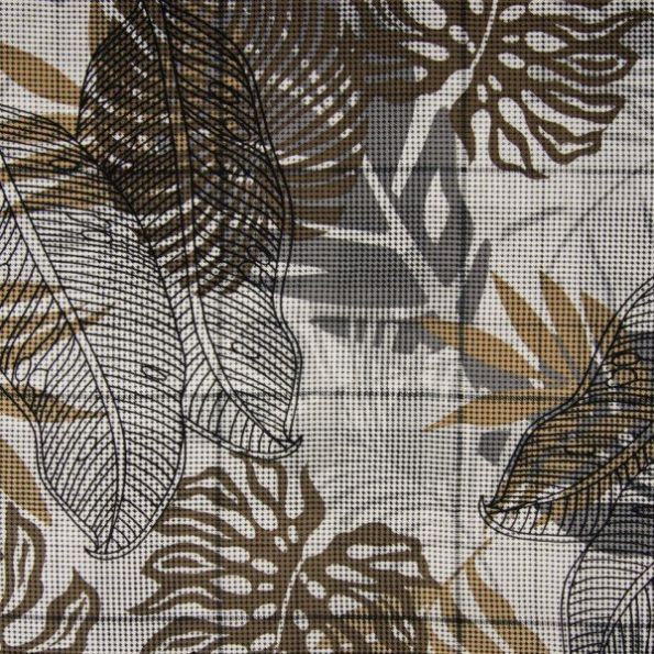 Tissu Viscose imprimé pied de poule Feuilles exotiques sur fond Blanc - Par 10 cm