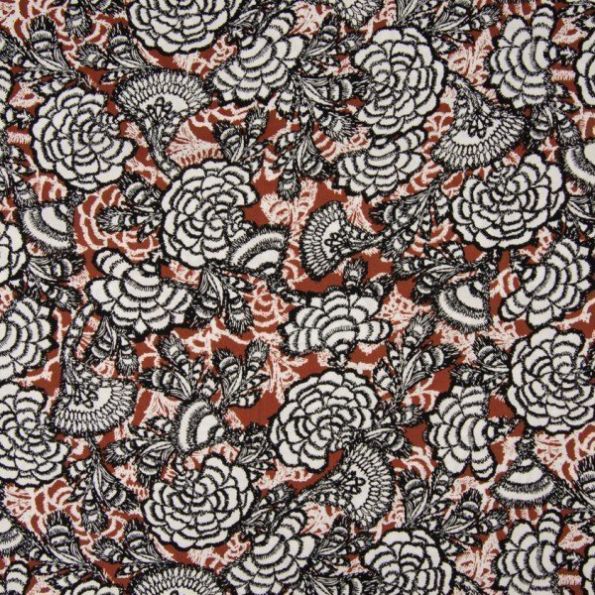 Tissu Viscose imprimé Fleurs et éventails noirs et blancs sur fond Terracotta - Par 10 cm