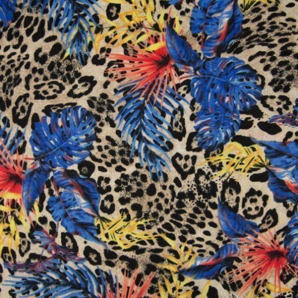 Tissu Viscose toucher crêpe imprimé léopard Feuilles exotiques orange et bleues sur fond Beige sable - Par 10 cm