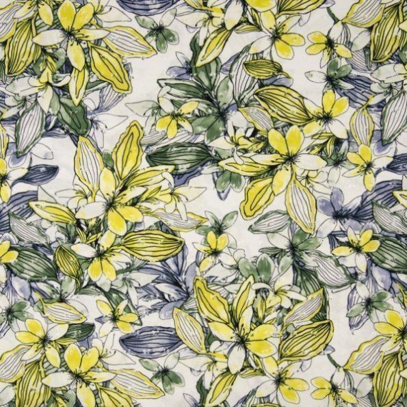Tissu Viscose plumetis imprimé  Fleurs de lys jaunes, bleues et vertes sur fond Blanc - Par 10 cm