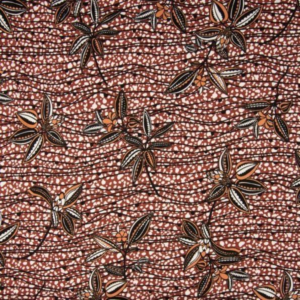 Tissu Jersey Viscose imprimé  Pois rayures et fleurs sur fond Terracotta - Par 10 cm