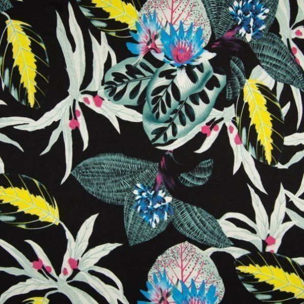Tissu Jersey viscose imprimé Fleurs de kana et lotus sur fond Noir - Par 10 cm