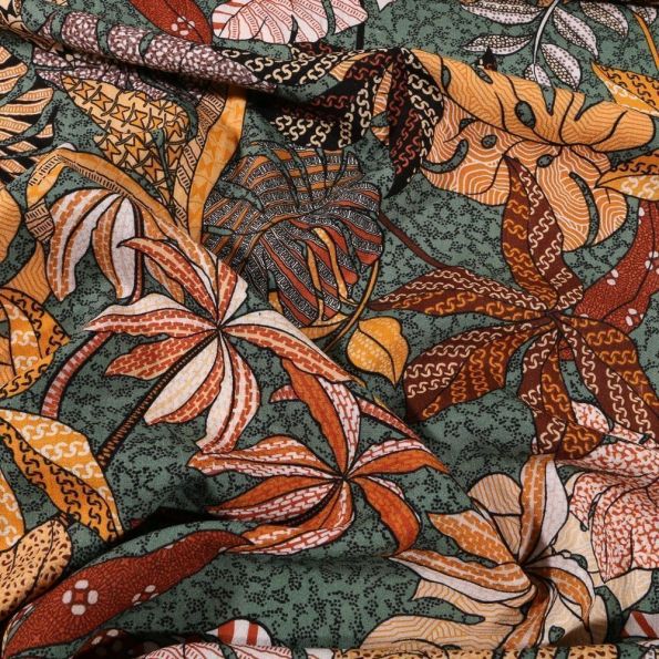 Tissu Viscose texturé Feuillages aborigènes ocre brique et jaunes sur fond Vert kaki - Par 10 cm