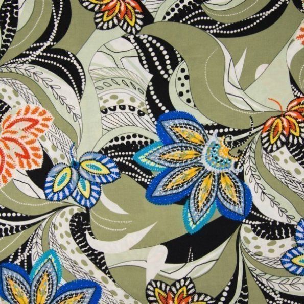 Tissu Viscose Fleurs multicolores et motifs abstraits noir et blanc sur fond Vert kaki clair - Par 10 cm
