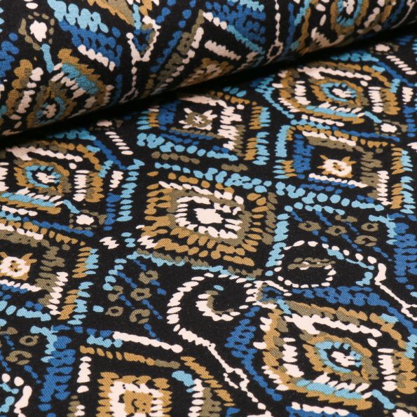 Tissu Jersey Viscose Motifs ethnique sur fond Noir - Par 10 cm