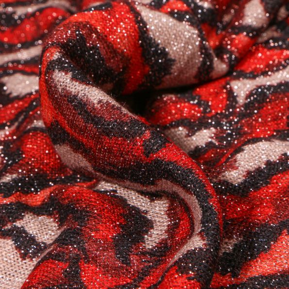 Tissu Maille lurex Feuilles rouges sur fond Beige - Par 10 cm