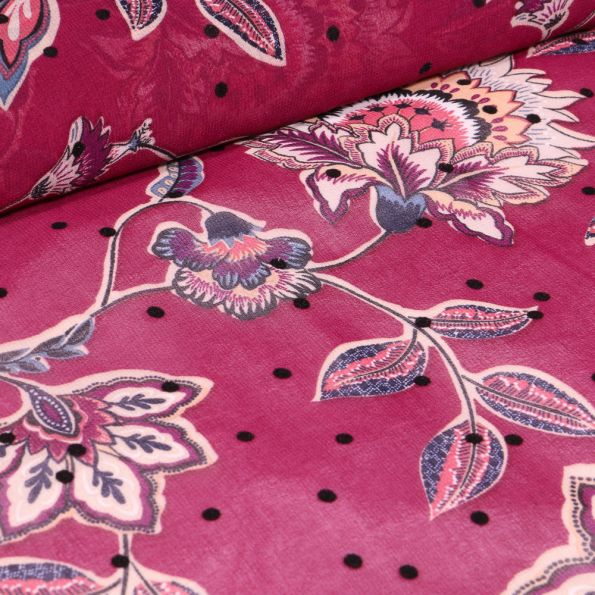 Tissu Mousseline Fleurs et pois en relief velours sur fond Rouge - Par 10 cm