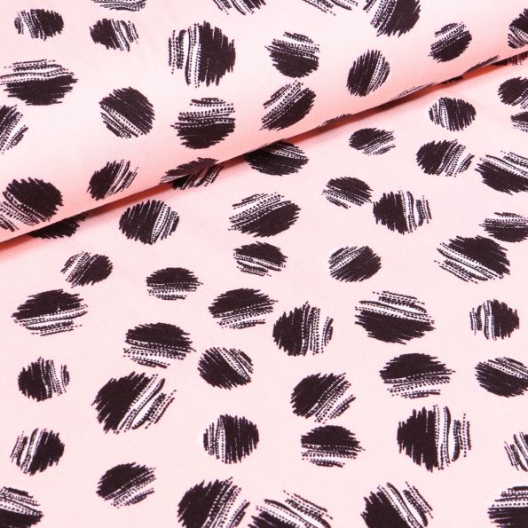 Tissu Viscose Twill Pois destructurés noir sur fond Rose nude - Par 10 cm