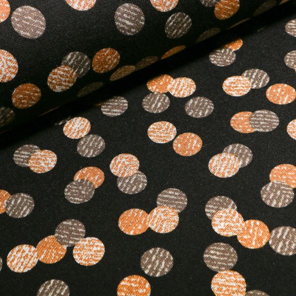 Tissu Jersey Milano  Cercles noirs et jaunes sur fond Bleu marine - Par 10 cm