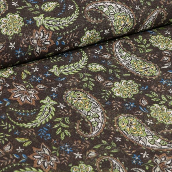 Tissu Crêpe Motifs cachemire sur fond Marron - Par 10 cm