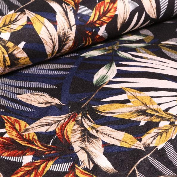 Tissu Jersey Viscose Feuilles de palmier sur fond Bleu marine - Par 10 cm