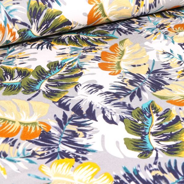 Tissu Jersey Viscose Feuilles philodendron sur fond Gris acier - Par 10 cm
