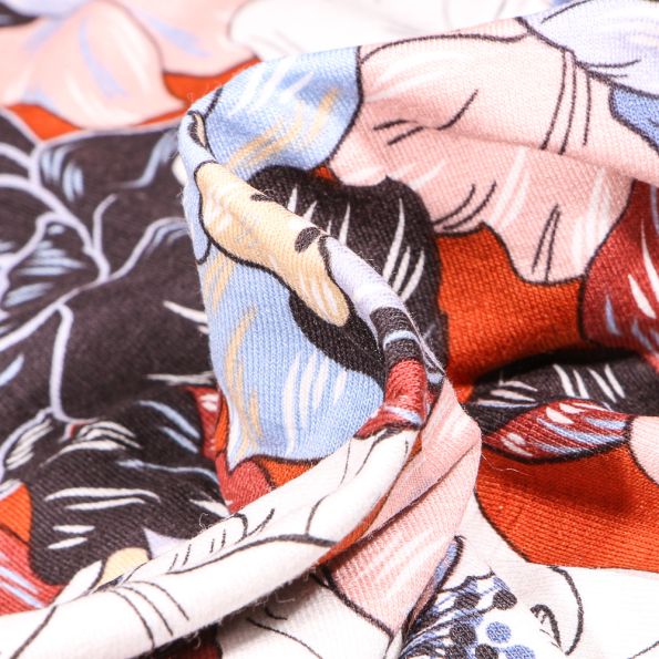 Tissu Jersey Viscose Pivoines colorés sur fond Orange - Par 10 cm