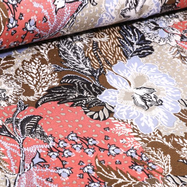 Tissu Jersey Viscose Grandes fleurs colorées sur fond Saumon - Par 10 cm